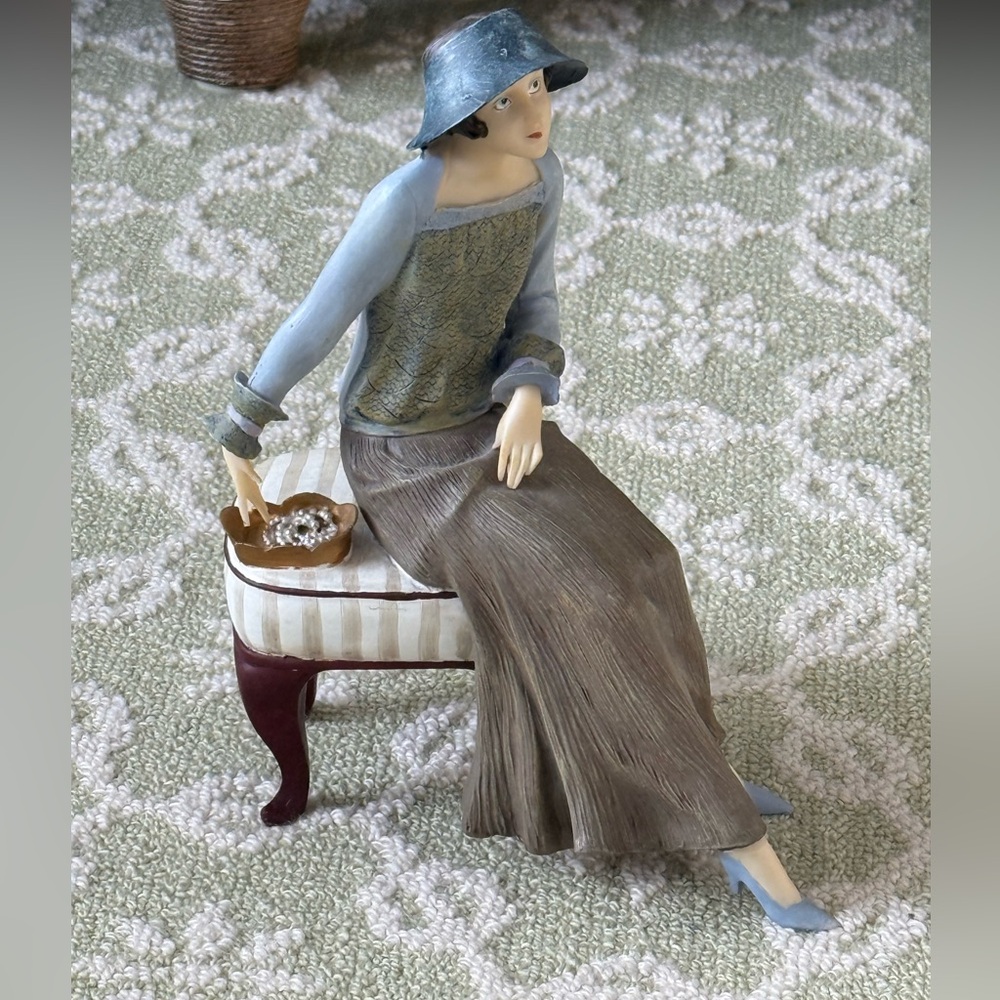 Elegant 1920s Lady Sitting Figurine in Blue and Tan in Resin EUC